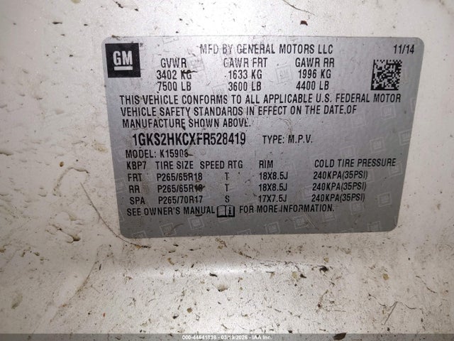 Aukcja sprzedaży 2015 Gmc Yukon Xl 1500 Slt, vin: 1GKS2HKCXFR528419, numer aukcji: 44641838