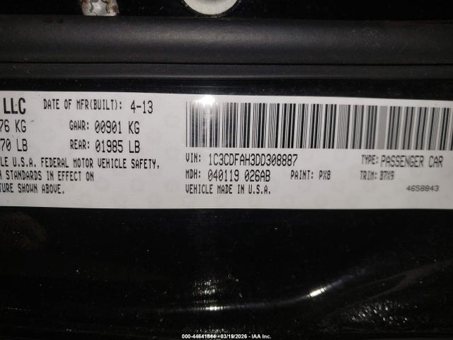 2013 Dodge Dart Aero მანქანა იყიდება აუქციონზე, vin: 1C3CDFAH3DD308887, აუქციონის ნომერი: 44641844