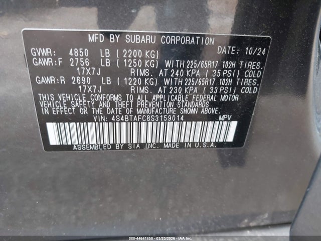 2025 Subaru Outback Premium მანქანა იყიდება აუქციონზე, vin: 4S4BTAFC8S3159014, აუქციონის ნომერი: 44641850