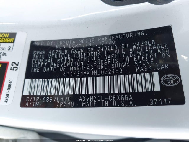 4T1F31AK1MU022459 Toyota Camry Xle Hybrid