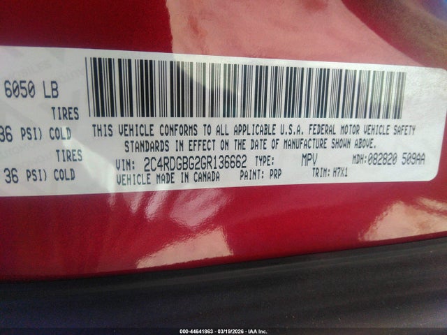 44641863 :رقم المزاد ، 2C4RDGBG2GR136662 vin ، 2016 Dodge Grand Caravan Se مزاد بيع