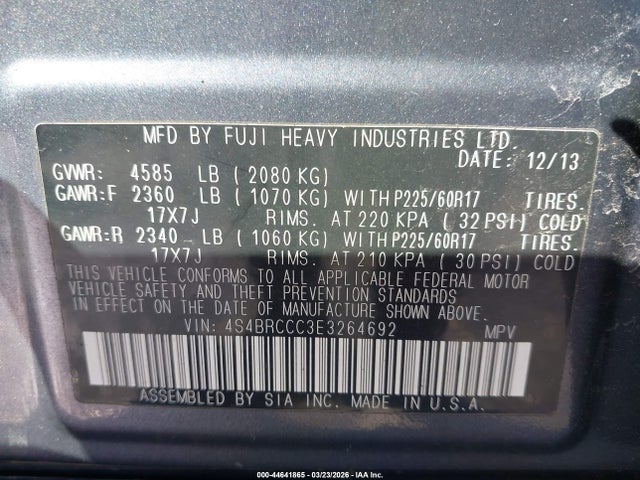 44641865 :رقم المزاد ، 4S4BRCCC3E3264692 vin ، 2014 Subaru Outback 2.5i Premium مزاد بيع