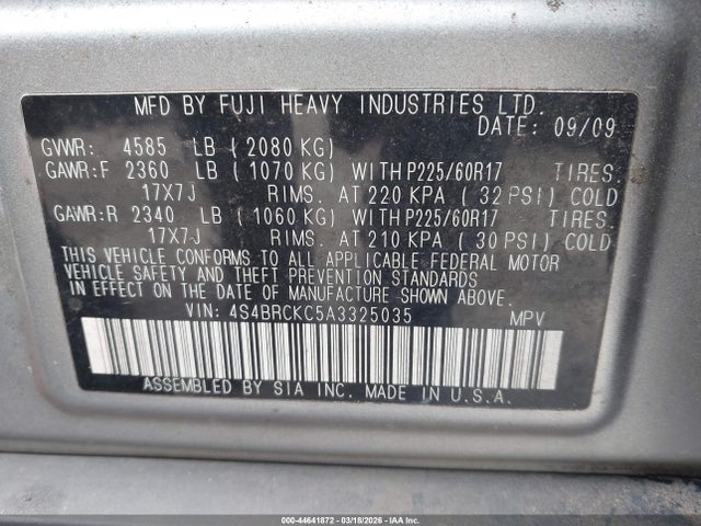 Продажа на аукционе авто 2010 Subaru Outback 2.5i Limited, vin: 4S4BRCKC5A3325035, номер лота: 44641872