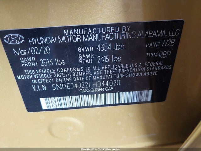 5NPEJ4J22LH044020 Hyundai Sonata Sel Plus