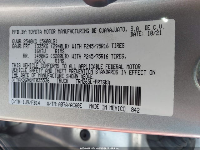 Aukcja sprzedaży 2022 Toyota Tacoma Sr, vin: 3TYAX5GN6NT035536, numer aukcji: 44641874