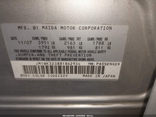 Продаж на аукціоні авто 2008 Mazda Mazda3 S Touring, vin: JM1BK323881862934, номер лоту: 44641892