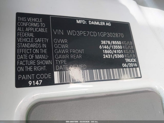 Продаж на аукціоні авто 2016 Mercedes-benz Sprinter 2500 Normal Roof, vin: WD3PE7CD1GP302870, номер лоту: 44641898