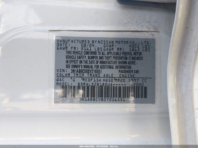 Aukcja sprzedaży 2025 Nissan Sentra Sv, vin: 3N1AB8CV8SY216551, numer aukcji: 44641902