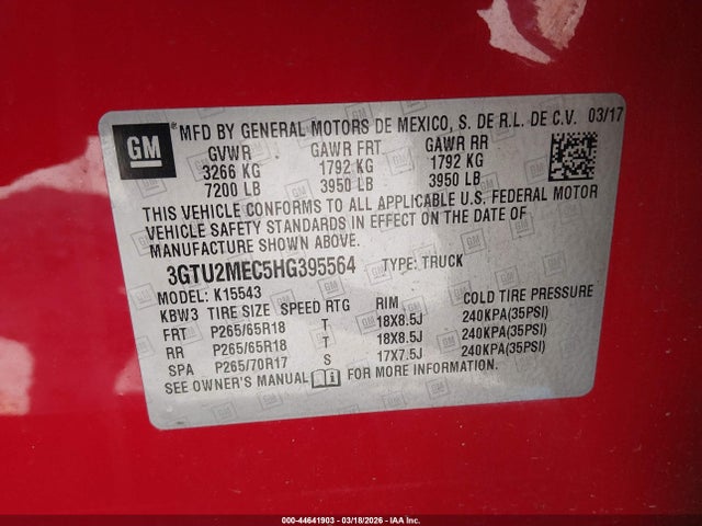 Продажа на аукционе авто 2017 Gmc Sierra 1500 Sle, vin: 3GTU2MEC5HG395564, номер лота: 44641903