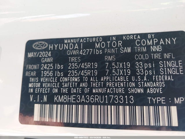 2024 Hyundai Kona Limited მანქანა იყიდება აუქციონზე, vin: KM8HE3A36RU173313, აუქციონის ნომერი: 44641932