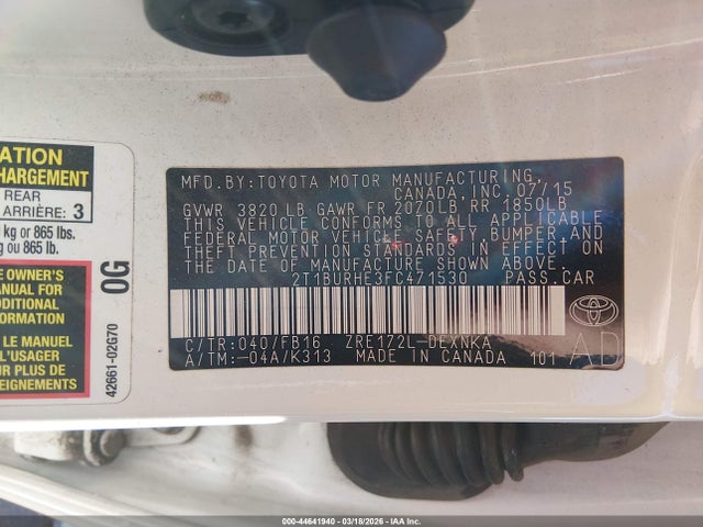 2T1BURHE3FC471530 Toyota COROLLA LE