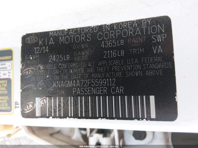 2015 Kia Optima Lx მანქანა იყიდება აუქციონზე, vin: KNAGM4A72F5599112, აუქციონის ნომერი: 44641948