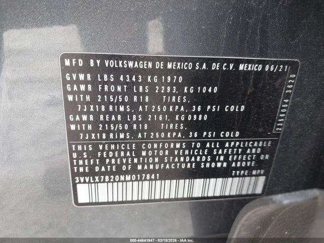 Продаж на аукціоні авто 2022 Volkswagen Taos 1.5t Se, vin: 3VVLX7B20NM017841, номер лоту: 44641947