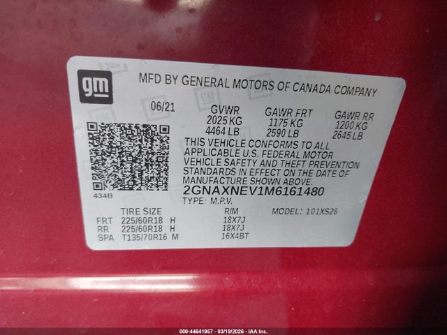 2GNAXNEV1M6161480 Chevrolet Equinox Fwd Premier