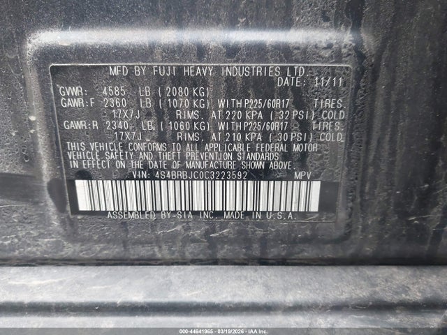 Продаж на аукціоні авто 2012 Subaru Outback 2.5i Limited, vin: 4S4BRBJC0C3223592, номер лоту: 44641965