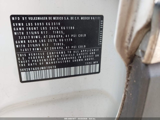 44641977 :رقم المزاد ، 3VV2B7AX0JM010678 vin ، 2018 Volkswagen Tiguan 2.0t Se/2.0t Sel مزاد بيع