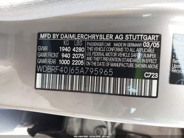 Продаж на аукціоні авто 2005 Mercedes-benz C 230 Kompressor Sport, vin: WDBRF40J65A795965, номер лоту: 44641996