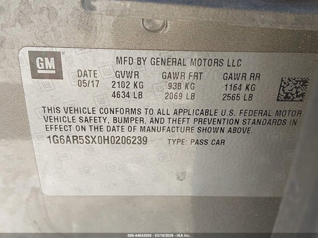 44642058 :رقم المزاد ، 1G6AR5SX0H0206239 vin ، 2017 Cadillac Cts Luxury مزاد بيع