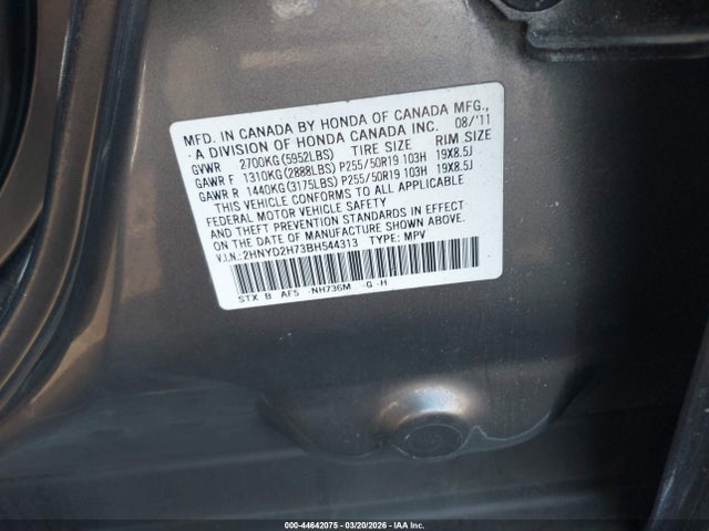 44642075 :رقم المزاد ، 2HNYD2H73BH544313 vin ، 2011 Acura Mdx Advance Package مزاد بيع