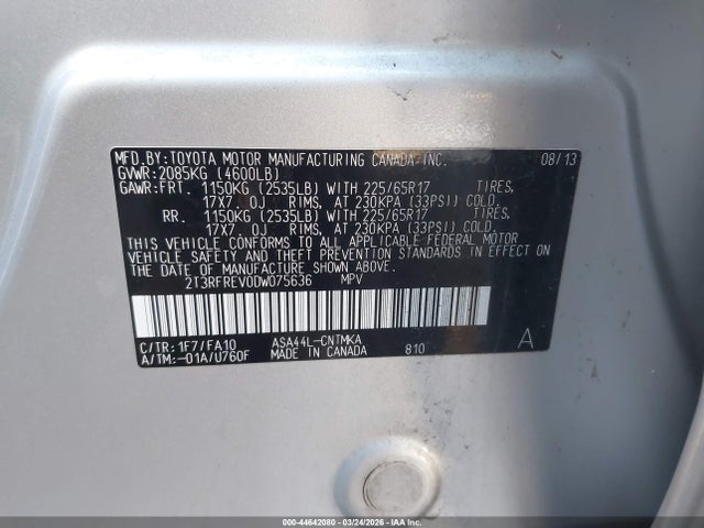 Aukcja sprzedaży 2013 Toyota Rav4 Xle, vin: 2T3RFREV0DW075636, numer aukcji: 44642080