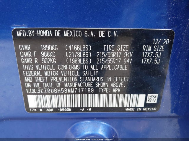 3CZRU6H58MM717189 Honda Hr-v Awd Ex