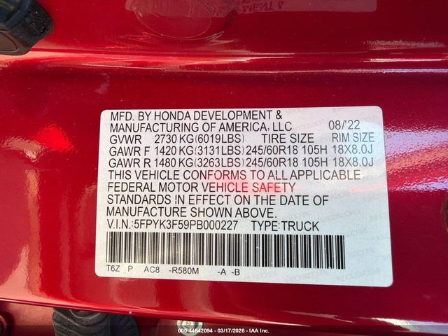 Honda Ridgeline Rtl 2023 5FPYK3F59PB000227 Image 9