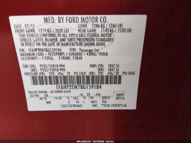 2011 FORD TAURUS 1FAHP2EW7BG159184 Photo 8