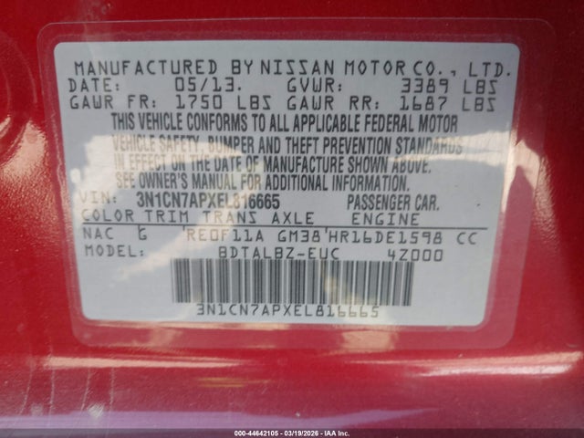 Продаж на аукціоні авто 2014 Nissan Versa 1.6 Sv, vin: 3N1CN7APXEL816665, номер лоту: 44642105