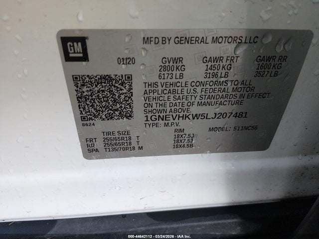 2020 Chevrolet Traverse Awd Lt Leather მანქანა იყიდება აუქციონზე, vin: 1GNEVHKW5LJ207481, აუქციონის ნომერი: 44642112