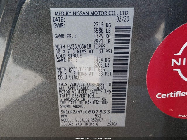 Продажа на аукционе авто 2020 Nissan Pathfinder S 2wd, vin: 5N1DR2AN7LC607833, номер лота: 44642131