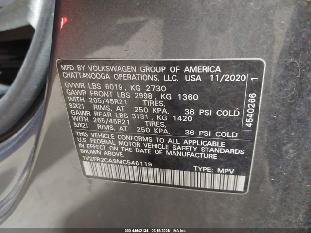 Aukcja sprzedaży 2021 Volkswagen Atlas 3.6l V6 Sel Premium R-line, vin: 1V2FR2CA9MC546119, numer aukcji: 44642134