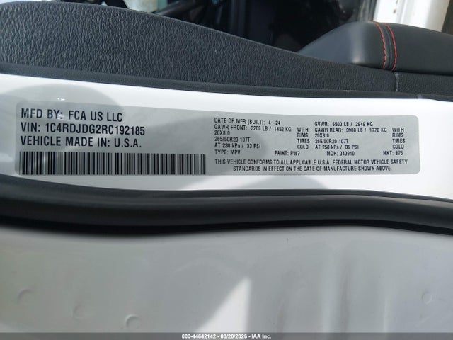 44642142 :رقم المزاد ، 1C4RDJDG2RC192185 vin ، 2024 Dodge Durango Gt Plus Awd مزاد بيع