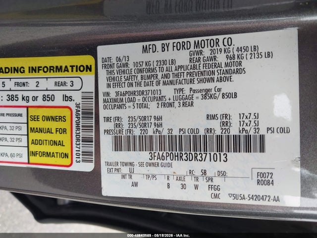 Aukcja sprzedaży 2013 Ford Fusion Se, vin: 3FA6P0HR3DR371013, numer aukcji: 44642145