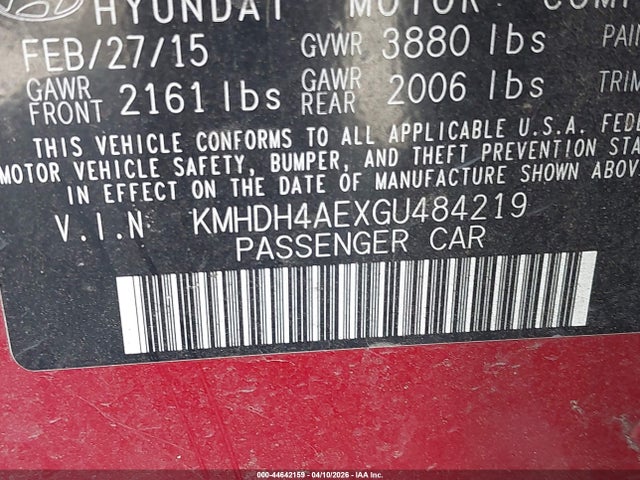 KMHDH4AEXGU484219 Hyundai Elantra Value Edition