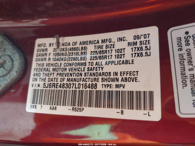 2007 HONDA CR-V 5J6RE48307L016488 Photo 8