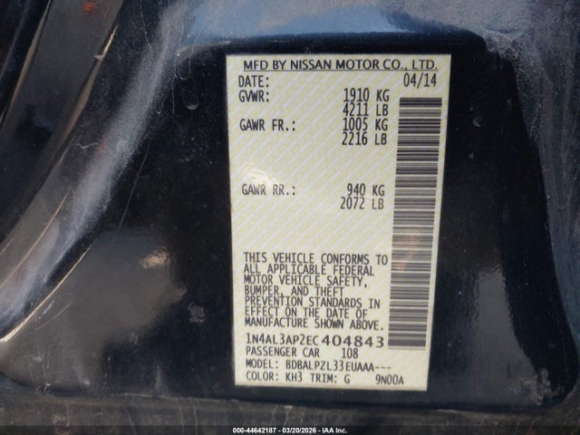 Aukcja sprzedaży 2014 Nissan Altima 2.5, vin: 1N4AL3AP2EC404843, numer aukcji: 44642187