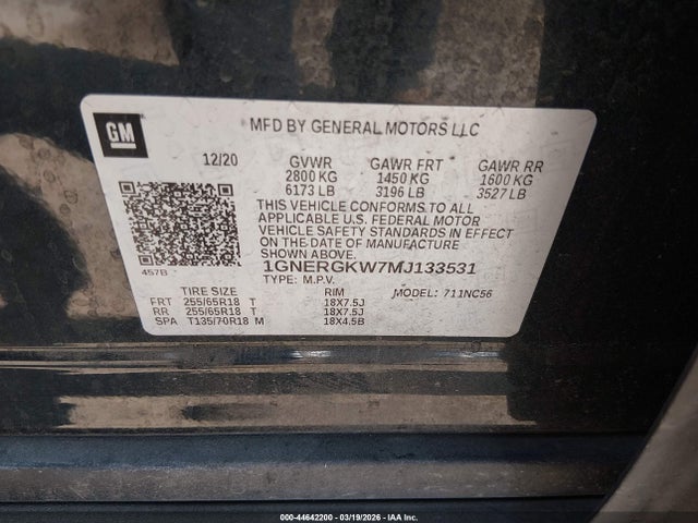 1GNERGKW7MJ133531 Chevrolet Traverse Fwd Lt Cloth