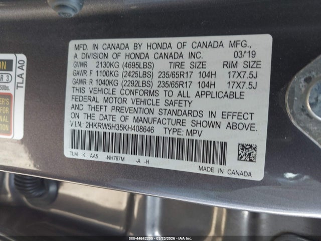 44642205 :رقم المزاد ، 2HKRW5H35KH408646 vin ، 2019 Honda Cr-v Lx مزاد بيع