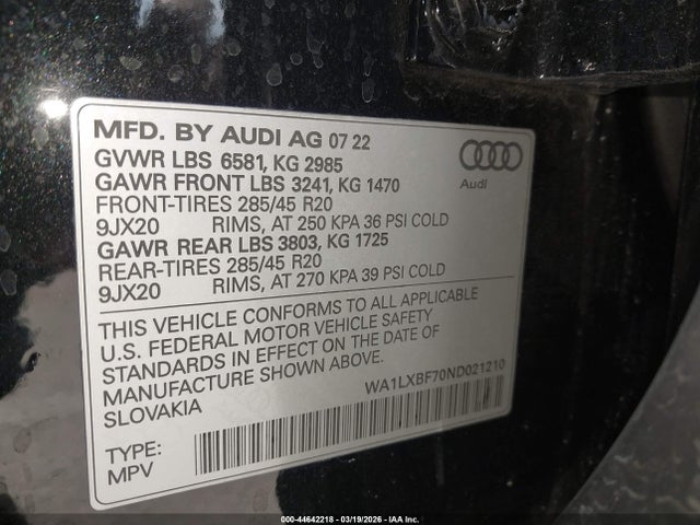 Продаж на аукціоні авто 2022 Audi Q7 Premium Plus 55 Tfsi Quattro Tiptronic, vin: WA1LXBF70ND021210, номер лоту: 44642218