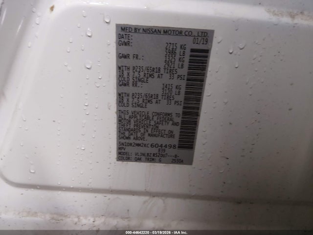Продаж на аукціоні авто 2019 Nissan Pathfinder S, vin: 5N1DR2MM2KC604498, номер лоту: 44642220