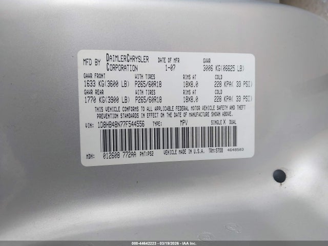 Продажа на аукционе авто 2007 Dodge Durango Slt, vin: 1D8HB48N77F544556, номер лота: 44642223