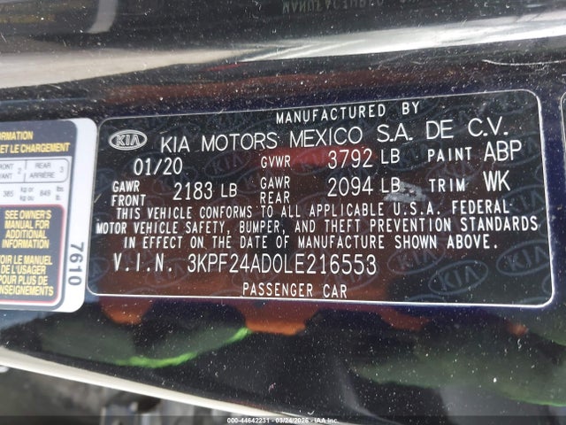 Aukcja sprzedaży 2020 Kia Forte Lxs, vin: 3KPF24AD0LE216553, numer aukcji: 44642231