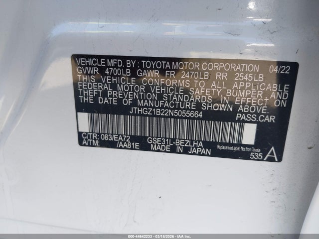 Продаж на аукціоні авто 2022 Lexus Is 350 F Sport, vin: JTHGZ1B22N5055664, номер лоту: 44642233