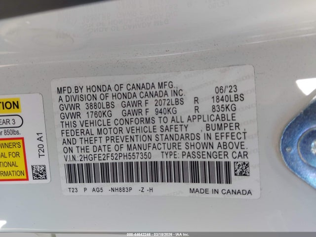 2HGFE2F52PH557350 Honda Civic Sport