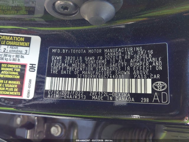 2T1BURHE6GC744011 Toyota Corolla S Plus