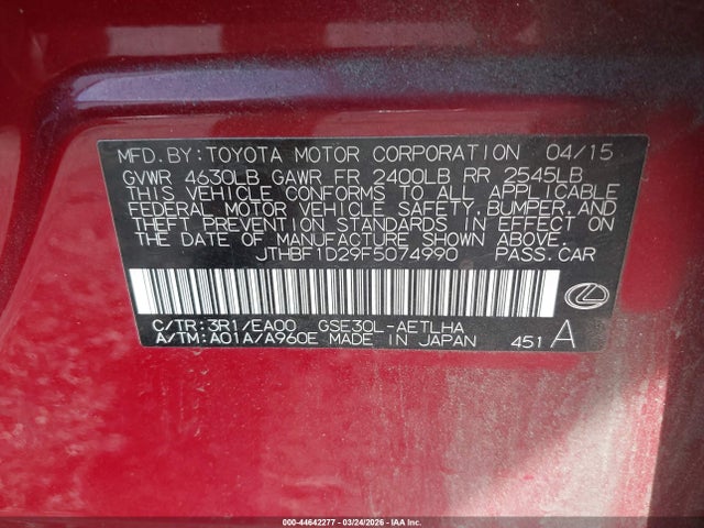 Продажа на аукционе авто 2015 Lexus Is 250, vin: JTHBF1D29F5074990, номер лота: 44642277