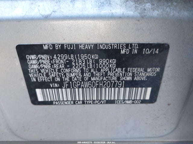 JF1GPAW60FH207791 Subaru Impreza 2.0i Sport Limited