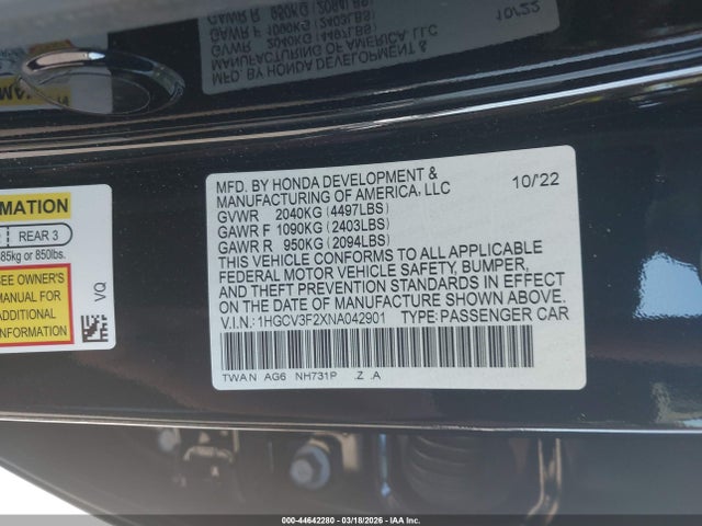 1HGCV3F2XNA042901 Honda Accord Hybrid Sport