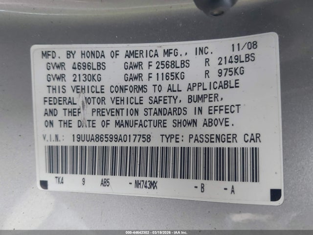 2009 Acura Tl 3.5 მანქანა იყიდება აუქციონზე, vin: 19UUA86599A017758, აუქციონის ნომერი: 44642302