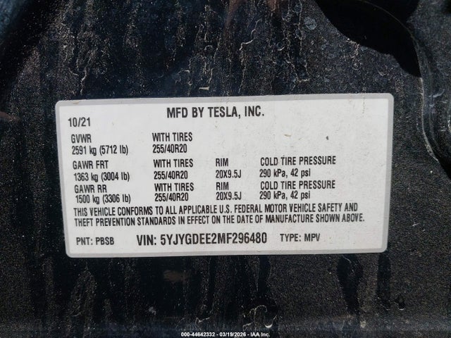 Aukcja sprzedaży 2021 Tesla Model Y Long Range Dual Motor All-wheel Drive, vin: 5YJYGDEE2MF296480, numer aukcji: 44642332